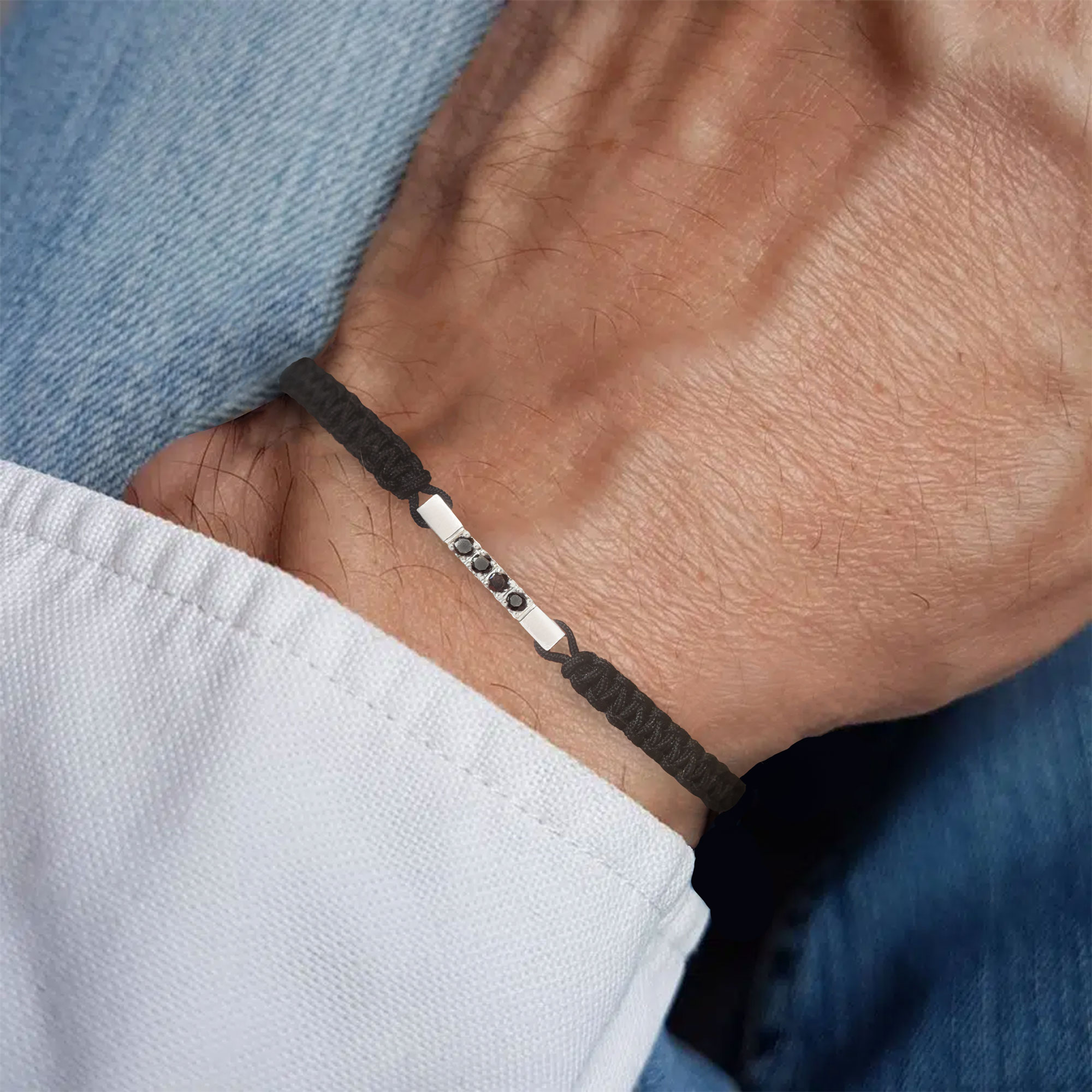 Bracelet homme diamants noirs sur cordon macramé 0,13 carat | Or 18k